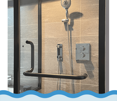 バスルーム専用強化ガラスドア及びFix窓(ステンレス製枠)